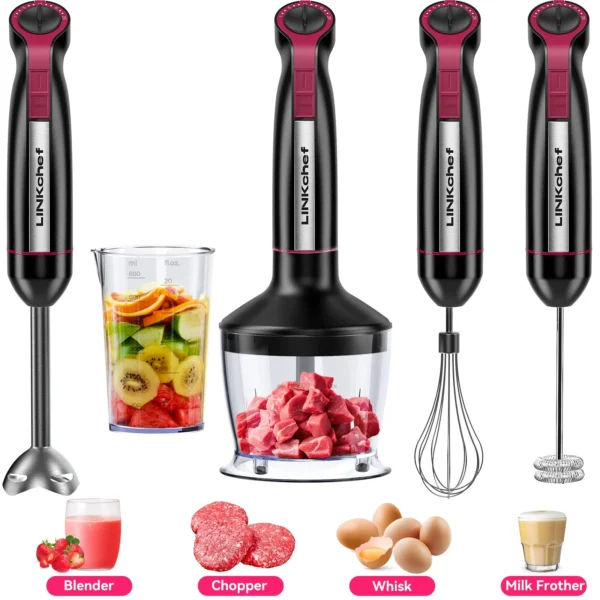 LINKChef Immersion Blender, 20-Speed 1000W 5-in-1 Immersion Hand Blender, Stick Blender with Turbo Mode, Baby Food Processor with Chopper, Blender for Kitchen with 600ml Beaker (Black)